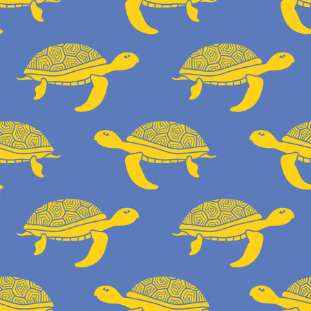 Vector Yellow Ocean Turtle Icon Seamless Pattern Isolated on Blue Background. Sea Graphic Simple Animal Texture.のイラスト素材