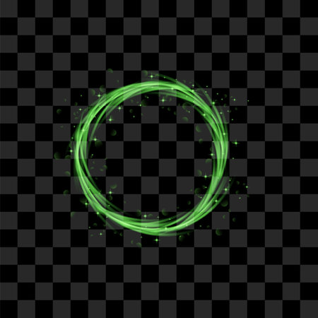 Vector Green Blurred Fire on Dark Background. Cartoon Flames. Bonfire Burst. Hot Red Sparks. Dangerously and Explosive Symbol.のイラスト素材