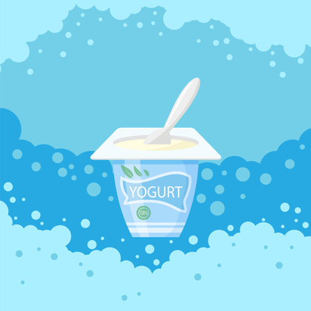 Vector fresh yogurt container and plastic spoon isolated on blue bubble background.のイラスト素材