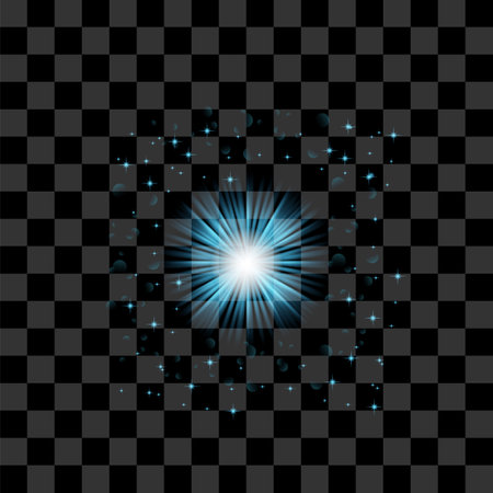 Vector Blue Light Effect Set on Checkered Background. Water Transparent Flow. Glow Light of Star.のイラスト素材