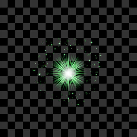 Vector Green Light Effect Set on Checkered Background. Water Transparent Flow. Glow Light of Star.のイラスト素材