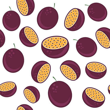 Vector Seamless Passion Fruit Pattern with Brown Seeds on White Background. Tropical food texture.のイラスト素材