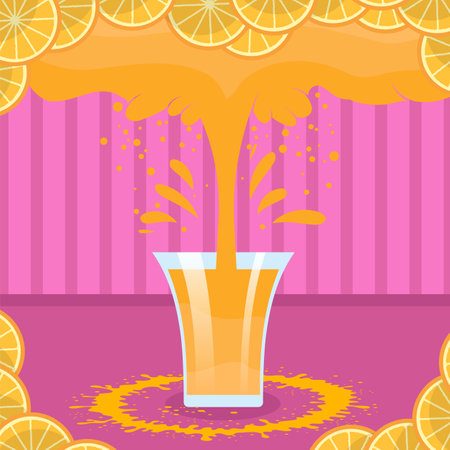 Vector Fresh Orange Texture with Orange Splatter on Pink Background. Tropical Sweet Fruit Pattern. Citrus Juice.のイラスト素材