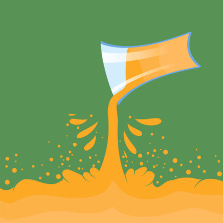 Vector Fresh Orange Juice with Splatter on Green Background. Tropical Sweet Fruit Pattern. Citrus Juice.のイラスト素材