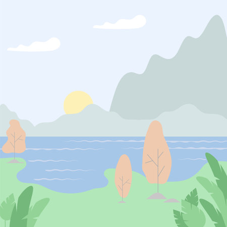 Vector magical country with trees, plants, mountains and clouds. Fairytale landscape design. Minimalistic flat design style.のイラスト素材