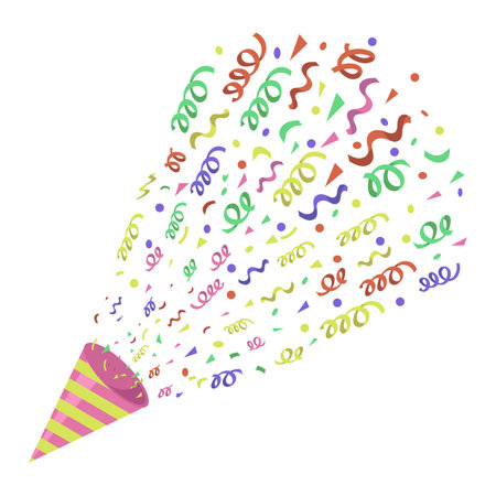 Vector Confetti ribbons colorful explosion. Party festive firework. Carnival confetti burst on white background. Colored paper blast. Happy Birthday.のイラスト素材
