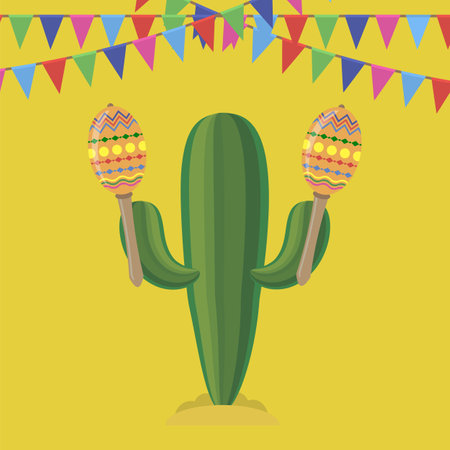 Vector green cactus with colorful musical maracas. Cinco de mayo symbol on yellow background.のイラスト素材