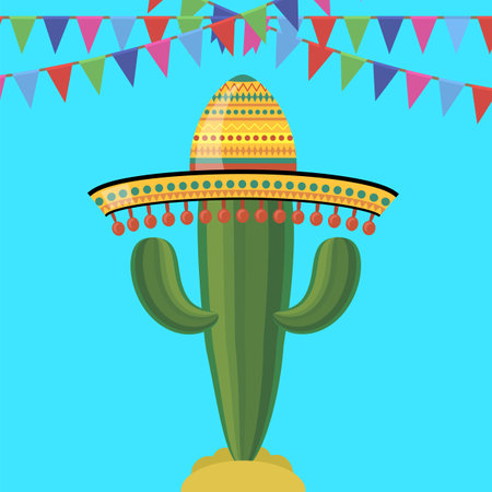 Vector green cactus with colorful musical maracas. Cinco de mayo symbol on yellow background.のイラスト素材