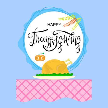 Vector Roast Turkey. Thanksgiving Festive Holiday Dinner. Greeting Card Design with Fresh Cooked Chicken. Autumn food. Christmas table. Flat style.のイラスト素材