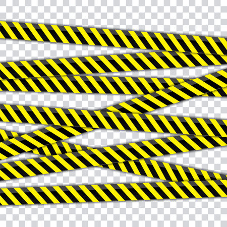 Vector Warning Tapes Set. Yellow and Black Danger Caution Sign. Striped Transition Abstract Strict Barrier. Diagonal Striped Lines. Danger in Construction or on the Road.のイラスト素材