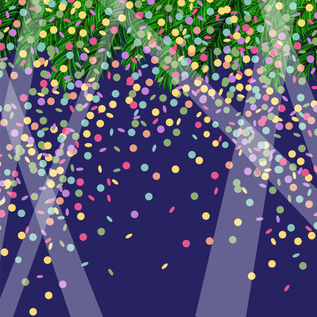 Vector Christmas light pattern. Green natural pine on colored circle confetti background. Element of decoration for celebration and holiday.のイラスト素材