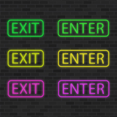 Vector colorful glowing frame. Neon banner on black background. Colored exit. Bright retro light enter symbol for club or bar casino, cinema. Decoration on wall and template covering.のイラスト素材