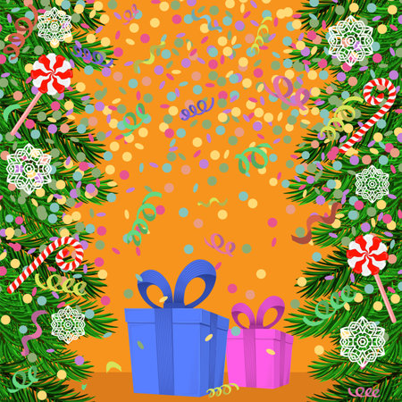 New year seasonal falling confetti background. Christmas fir with gift box, spruce branch, candy cane, snowflake, candy on orange background. Vector illustration.のイラスト素材