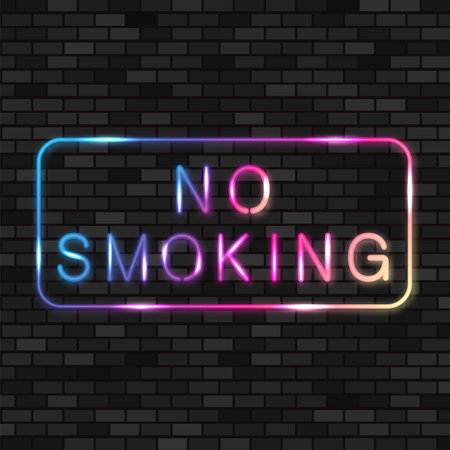 Vector Neon NO SMOKING colored sign. Colorful Glowing Frame. Brick Wall Background.のイラスト素材