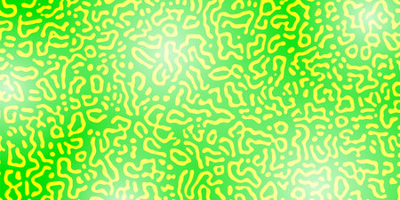 Vector Generative algorithm psychedelic yellow green background. Reaction-diffusion or turing pattern formation. Organic lines in Memphis. Unique texture of homogeneous, uniform state in biological organisms.のイラスト素材