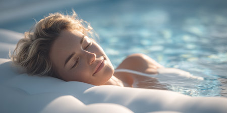 Experience pure tranquility as a radiant woman drifts peacefully on a white inflatable raft in a sparkling blue swimming pool, basking in the warm glow of the sun. This idyllic scene captures the essence of relaxation and summer serenity.の素材