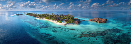 An breathtaking aerial view of a luxurious tropical island resort with overwater bungalows, white sand beaches, and crystal-clear turquoise waters, perfect for themes of paradise, luxury travel, and exotic vacations.の素材