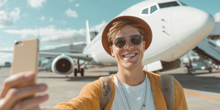 A smiling man captures a cheerful selfie at the airport, with a large passenger airplane visible in the background, symbolizing the thrill of travel and the anticipation of new destinations.の素材