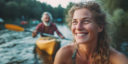 A vibrant close-up of a happy woman with sun-kissed curly hair, her face beaming with joy and eyes looking towards the sky, while kayaking on a tranquil body of water, capturing the essence of outdoor adventure and freedom.の素材