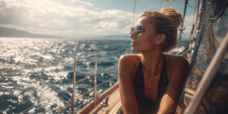 A woman in sunglasses with wind-swept hair sits peacefully on a sailing yacht, looking out at the sun setting over the ocean, embodying freedom and relaxation on a beautiful voyage.の素材