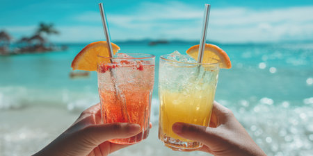 Two hands toasting with vibrant, refreshing cocktails against a backdrop of a clear blue sky and the sparkling ocean, perfect for themes of summer, celebration, and tropical vacations.の素材
