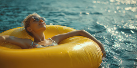 A beautiful woman, eyes closed in contentment, soaks up the sun while floating effortlessly on a vibrant yellow inflatable ring in sparkling blue water. Ideal for themes of summer relaxation, vacation, and serene aquatic leisure.の素材