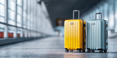 Two sleek, modern suitcases stand in a bright, spacious airport terminal, ready for departure, symbolizing travel, adventure, and the excitement of a new journey.の素材