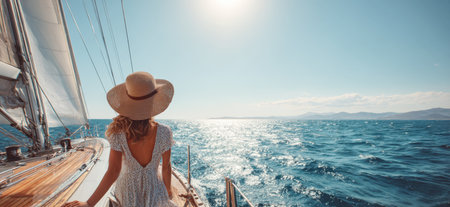 A captivating image of a woman from behind, wearing a beautiful straw hat and summer dress, enjoying the vast expanse of the ocean from a sailboat. Perfect for themes of summer travel, luxury holidays, and serene escapes.の素材