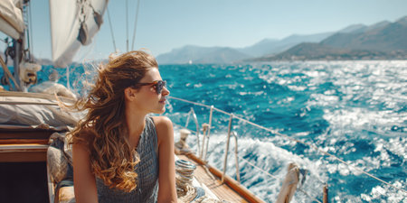A serene woman with sunglasses, her hair in a bun enjoys invigorating sea breeze and sparkling blue water from the deck of a traditional sailboat, capturing the essence of luxury travel, summer adventures.の素材