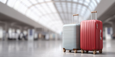 Two sleek, modern suitcases stand in a bright, spacious airport terminal, ready for departure, symbolizing travel, adventure, and the excitement of a new journey.の素材