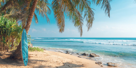 A picturesque tropical beach scene featuring a surfboard resting on the sand, palm trees, and the ocean with waves, perfect for themes of surfing, relaxation, and exotic travel.の素材