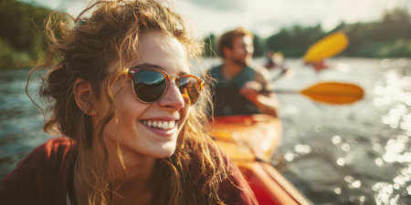 A cheerful duo, a woman and a man, are seen in a bright yellow kayak on sparkling water, holding paddles and smiling towards the camera. The scene captures the joy of outdoor activities, summer fun.の素材