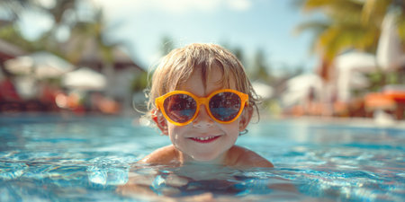 A delightful close-up of a child in a swimming pool, wearing vibrant orange sunglasses and beaming with happiness, surrounded by sparkling blue water and lush tropical foliage.の素材