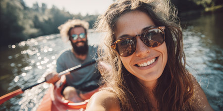 A cheerful duo, a woman and a man, are seen in a bright yellow kayak on sparkling water, holding paddles and smiling towards the camera. The scene captures the joy of outdoor activities, summer fun.の素材
