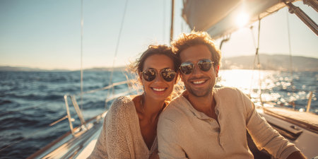 A blissful scene of a couple smiling and wearing sunglasses while enjoying a beautiful sunset from a sailboat, with the golden sun low on the horizon and sparkling ocean waters.の素材