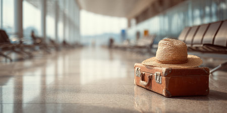 Close-up of travel luggage and a hat at an airport, symbolizing anticipation for departure and the excitement of journeys and global travel, with a blurred modern terminal background.の素材