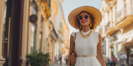 A radiant woman in a stylish summer dress, straw hat, and sunglasses strolling through a sunlit European city street, embodying elegance, travel, and a joyful vacation vibe.の素材