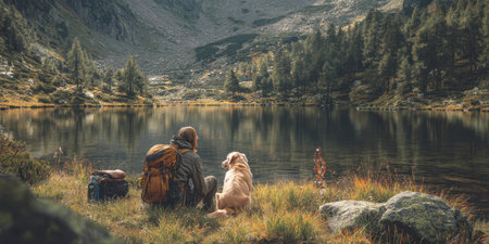 A captivating scene of peace and companionship, featuring a hiker and a golden retriever by a calm alpine lake, surrounded by majestic mountains and fall colors.の素材