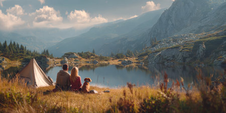 A captivating scene of a couple and their dog camping by a pristine mountain lake, surrounded by a dramatic landscape, embodying the peace and adventure of an outdoor escape.の素材