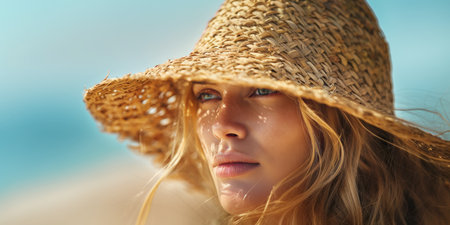 A close-up portrait of a woman wearing a straw hat, her face partially shaded by sunlight, as she thoughtfully looks towards the horizon, conveying peace and the warm feeling of a summer day at the beach.の素材