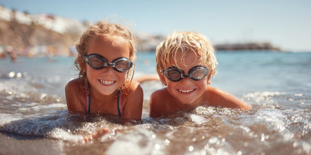 Two delightful children, wearing swimming goggles, are happily playing in the shallow, clear ocean water, their faces beaming with pure joy and excitement on a perfect summer day at the beachの素材