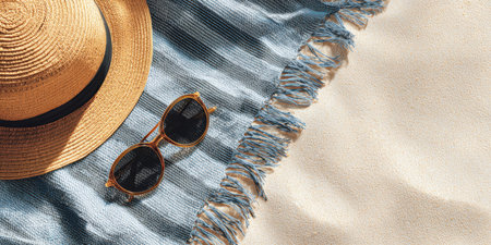 A top-down view of beach essentials: a classic straw hat and fashionable sunglasses resting on a blue and white striped towel, perfectly positioned on golden sand for a relaxing day.の素材