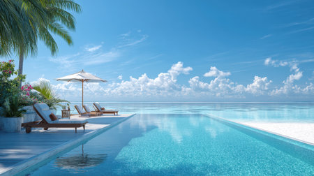 An exquisite view of a tropical paradise featuring an infinity pool merging seamlessly with the crystal-clear ocean, framed by lounge chairs and a palm tree, embodying ultimate relaxation.の素材