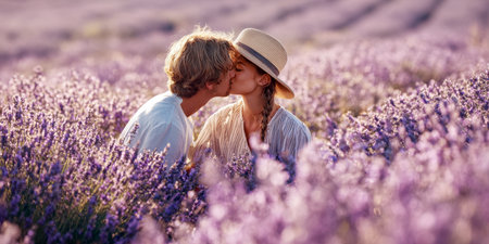 A tender and romantic moment captured as a couple shares a kiss amidst a beautiful lavender field, with soft sunlight creating a magical and intimate atmosphereの素材