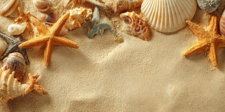 A beautiful arrangement of assorted seashells and starfish artfully scattered on a bed of clean, yellow sand, creating a serene and natural background ideal for summer and beach-themed designs.の素材