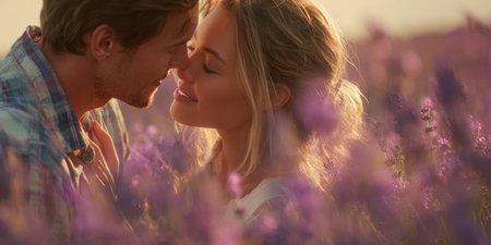 A tender and romantic moment captured as a couple shares a kiss amidst a beautiful lavender field, with soft sunlight creating a magical and intimate atmosphere.の素材
