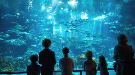 A captivating view of a large aquarium where six silhouetted figures stand in awe, observing a magnificent coral reef teeming with diverse and colorful fish. Perfect for themes of wonder, discovery, and marine life.の素材