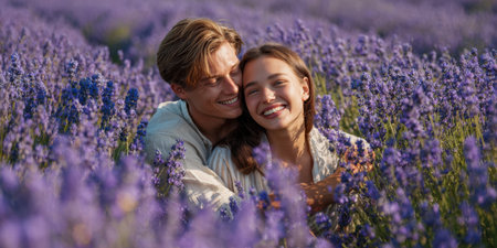 Happy couple embracing and smiling in a beautiful purple lavender field. Perfect for themes of love, romance, summer, nature, and togetherness.の素材