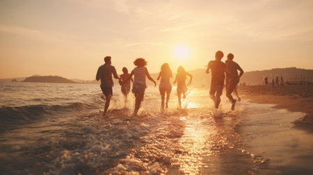 A group of friends joyfully running and leaping through the ocean waves at sunset, embodying pure happiness, freedom, and the exhilaration of summer adventures on a beautiful beach.の素材