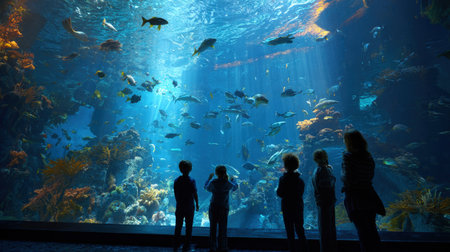 A captivating view of a large aquarium where five silhouetted figures stand in awe, observing a magnificent coral reef teeming with diverse and colorful fish. Perfect for themes of wonder, discovery, and marine life.の素材